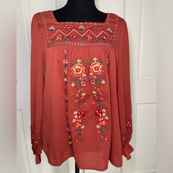 Savanna Jane Tops - Savanna Jane Terracotta Floral Embroidered Blouse